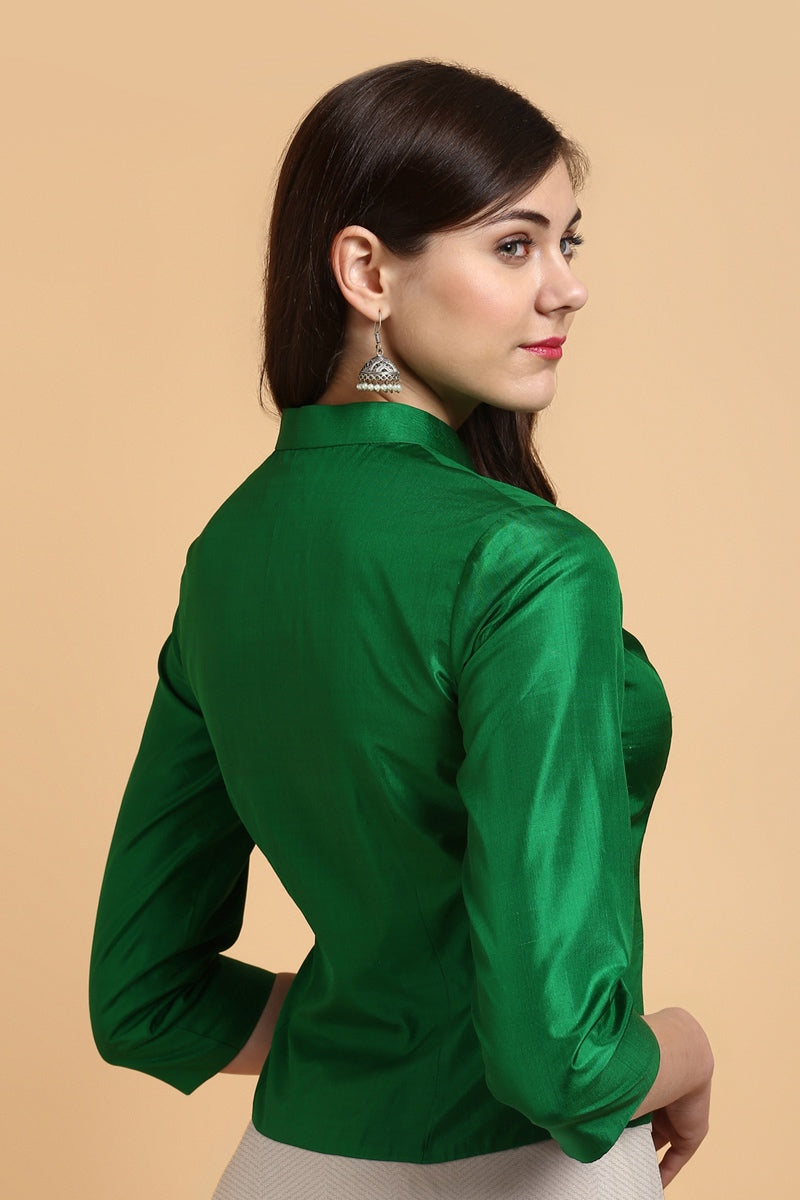 Green Pure Silk Jacket-Style Essentials Blouse