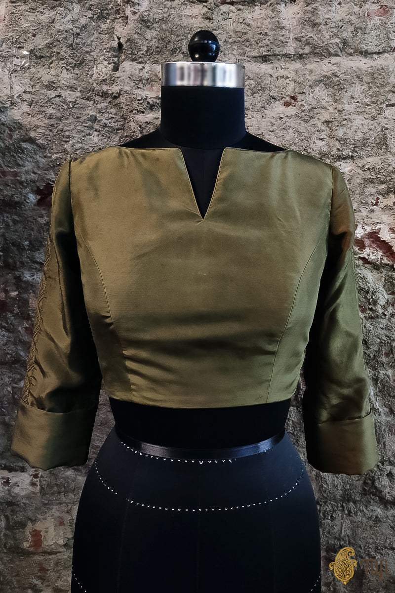 Olive Green Silk Long Sleeved Blouse