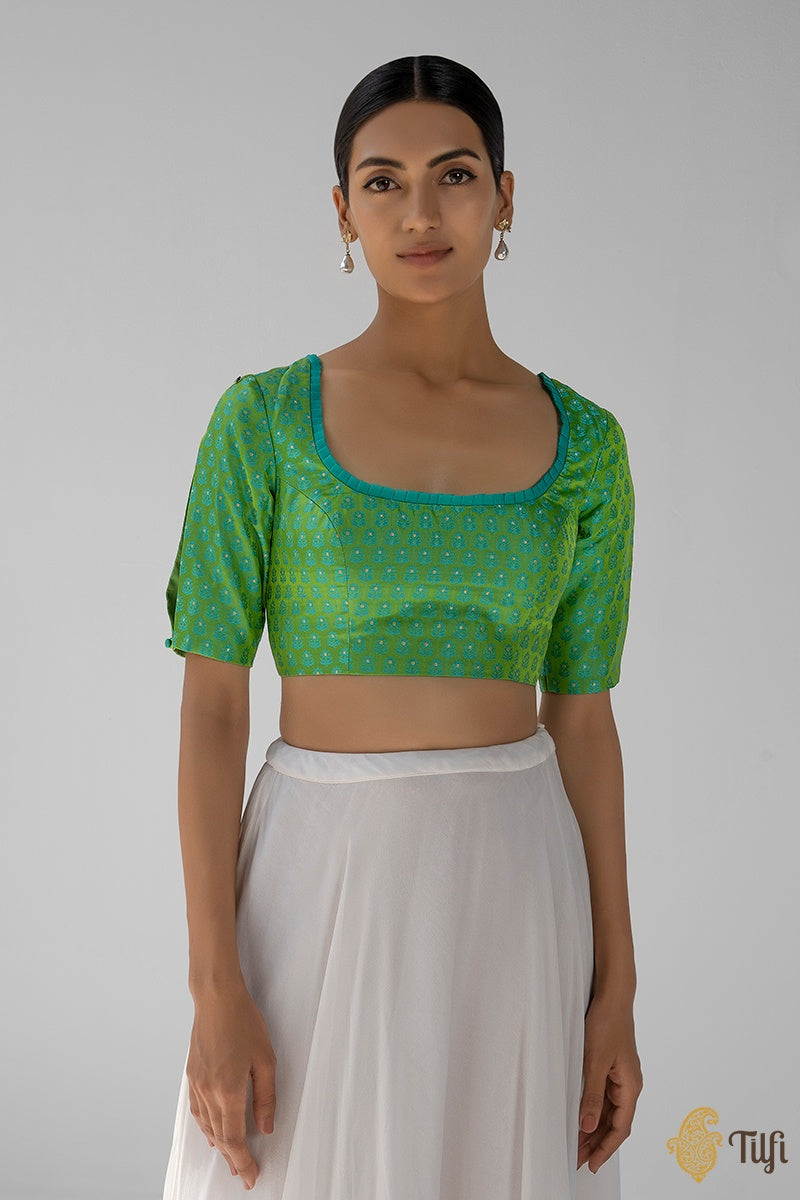 Green-Blue Pure Soft Satin Silk Tanchoi Banarasi Handloom Blouse