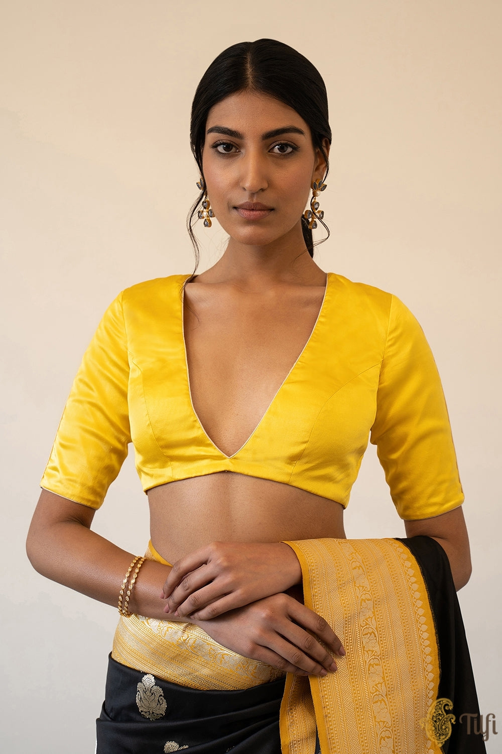 Yellow Satin Silk Back-Buttoned Blouse