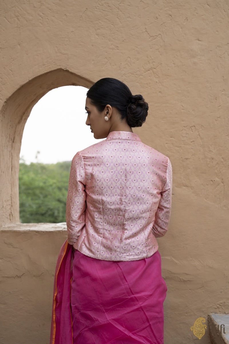 Pink Pure Katan Silk Handloom Banarasi Jacket Blouse