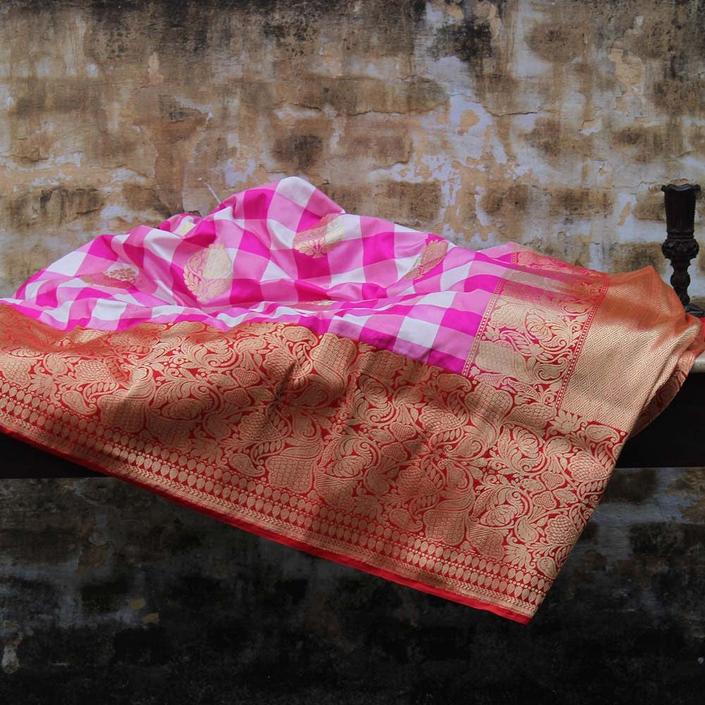 Pink-White Pure Katan Silk Handloom Banarasi Saree