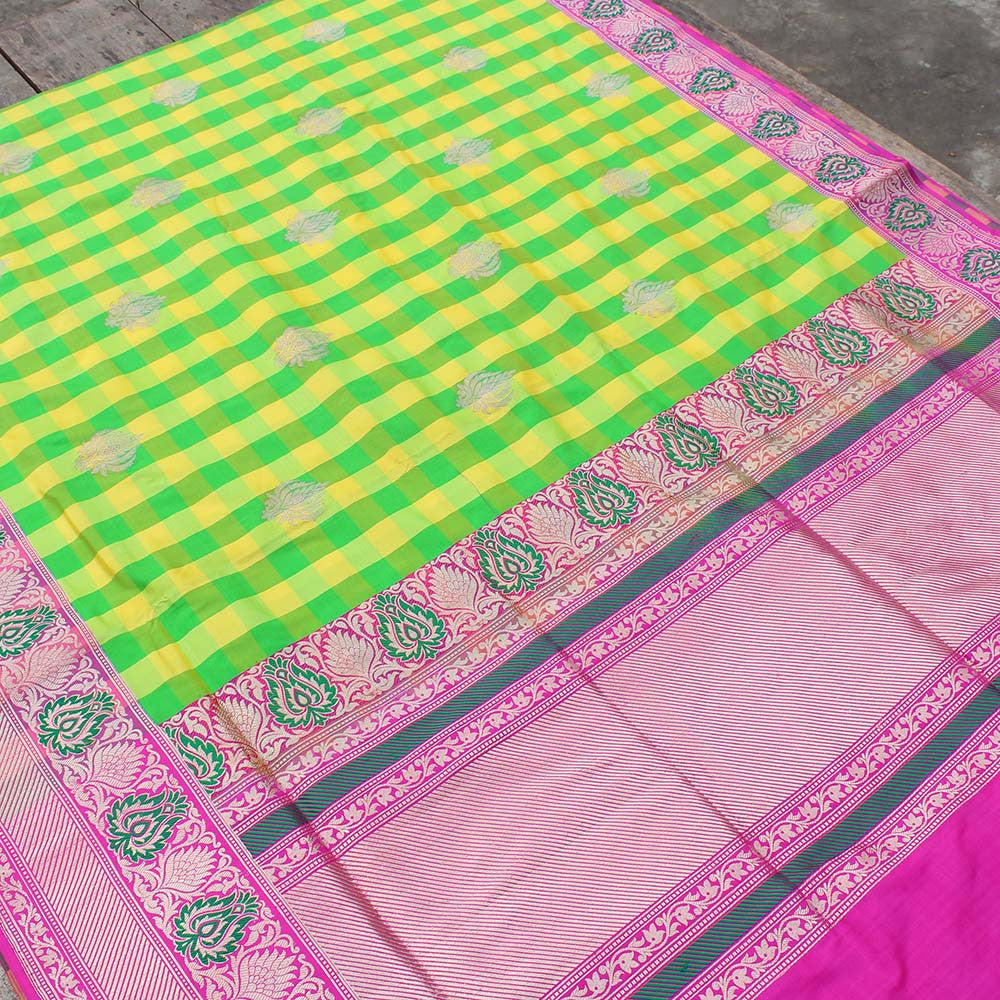 Yellow-Green Pure Katan Silk Handloom Banarasi Saree