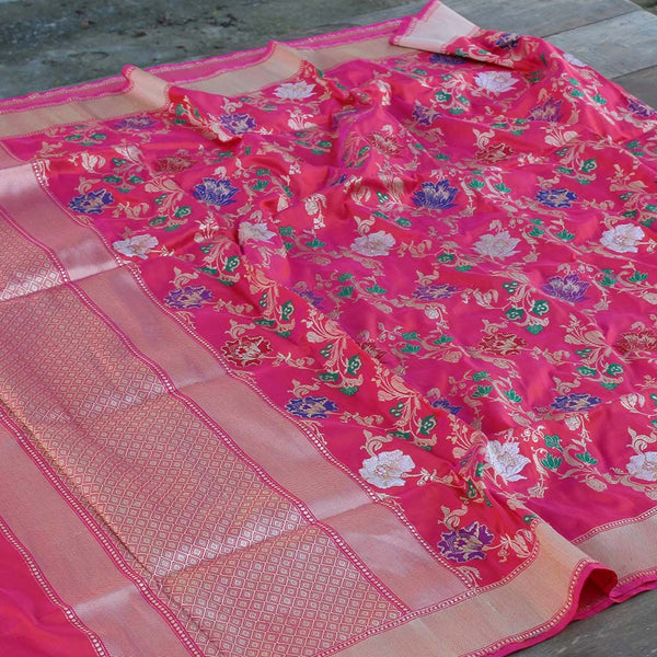 Rani-Red Pure Katan Silk Banarasi Handloom Dupatta - Tilfi