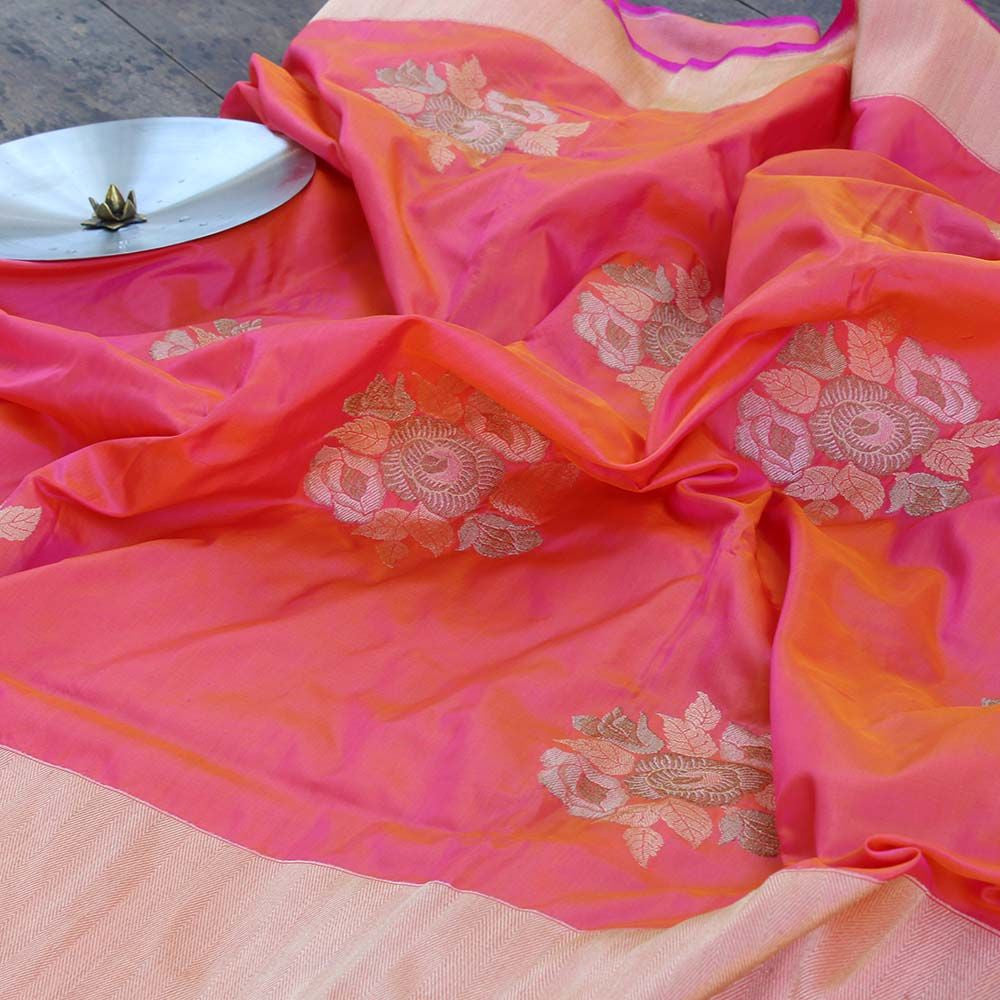 Orange-Gulabi Pink Pure Katan Silk Banarasi Handloom Dupatta - Tilfi