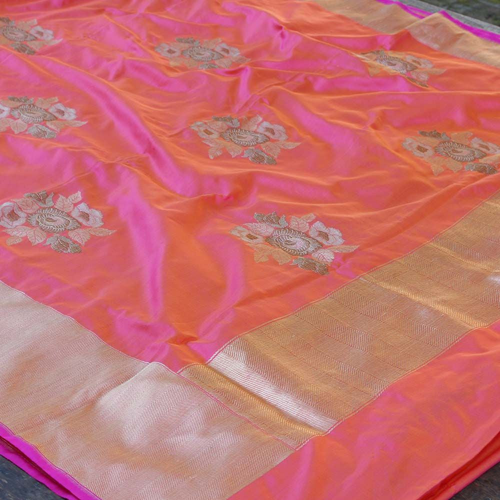 Orange-Gulabi Pink Pure Katan Silk Banarasi Handloom Dupatta