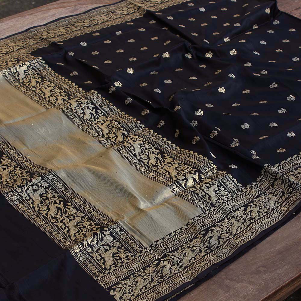 Black Pure Katan Silk Banarasi Handloom Dupatta - Tilfi