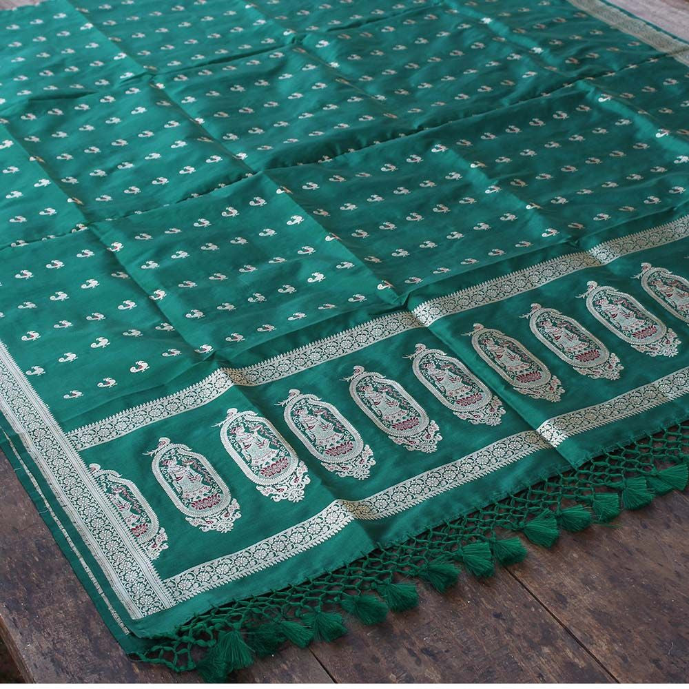 Rama Green Pure Katan Silk Banarasi Handloom Dupatta - Tilfi