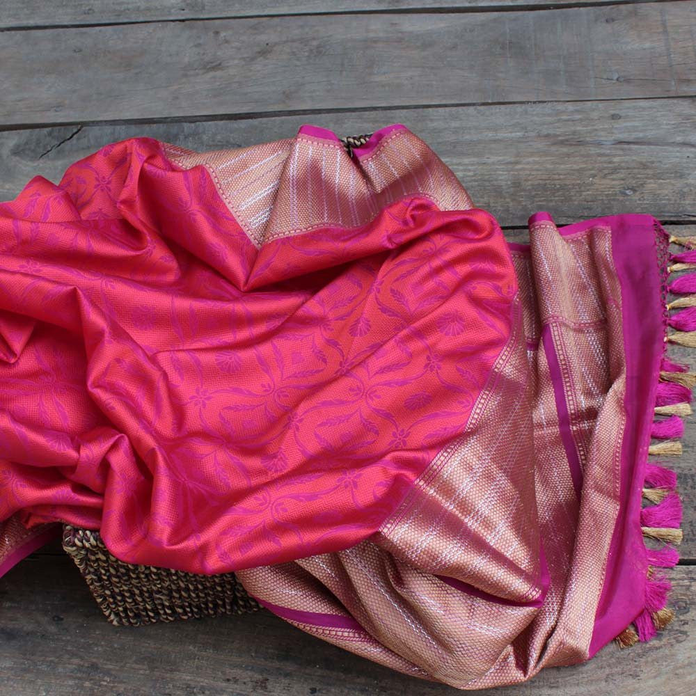 Indian Pink Pure Katan Silk Banarasi Handloom Dupatta - Tilfi