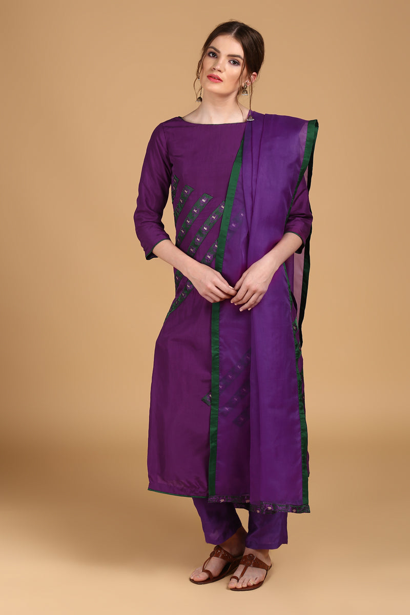 Purple Pure Silk Suit set with Purple Organza Dupatta