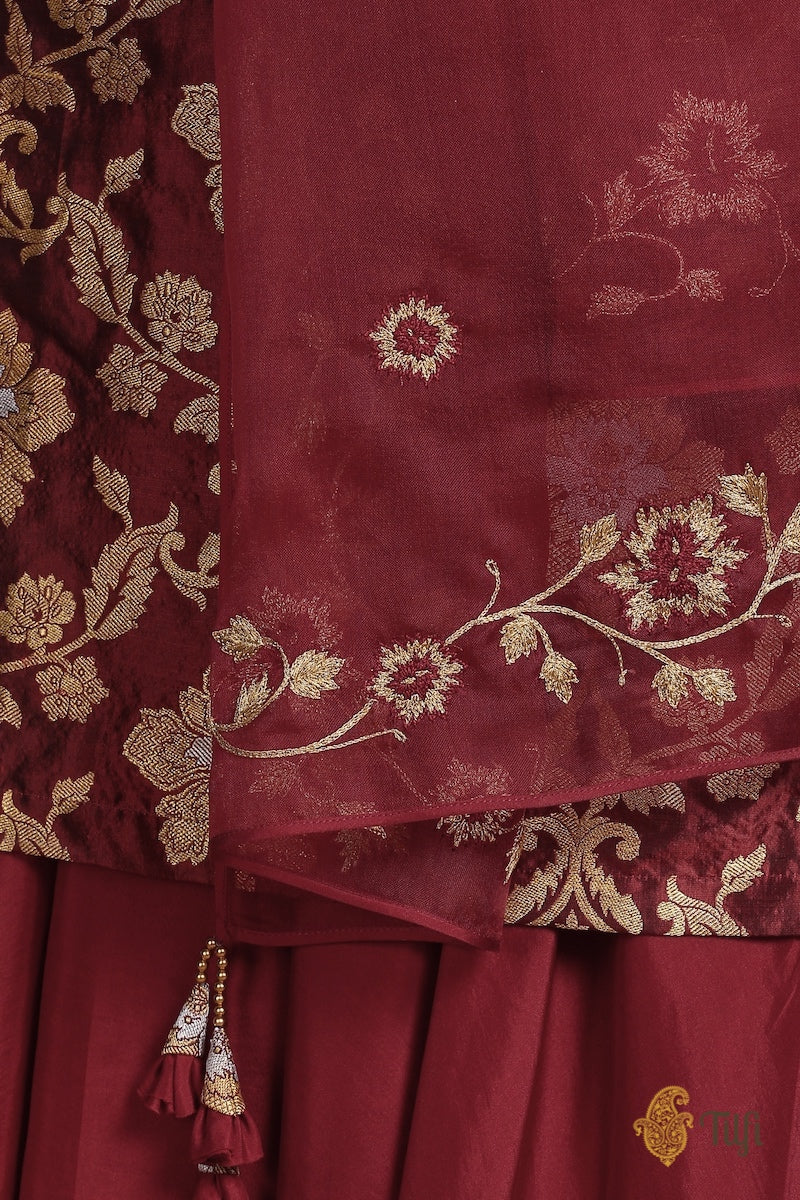 Merlot Red Pure Katan Silk Kadwa Jangla Handloom Suit-Skirt Set