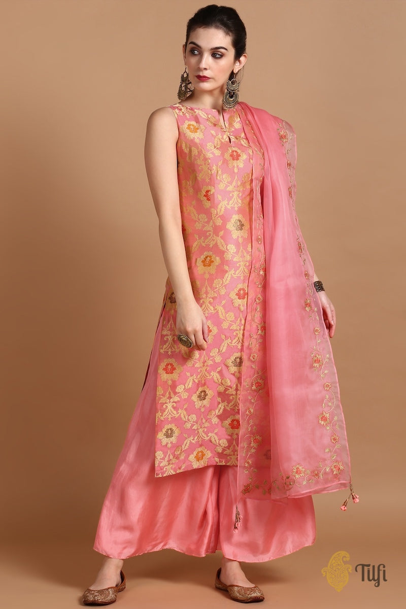 Peach Pink Pure Katan Silk Kadwa Jangla Handloom Suit Set