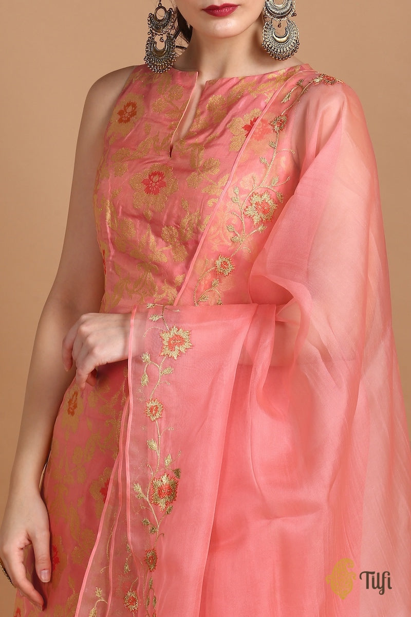 Peach Pink Pure Katan Silk Kadwa Jangla Handloom Suit Set