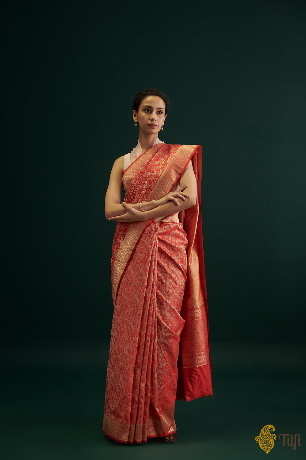 &#39;Hrutvi&#39; Red Pure Soft Satin Silk Banarasi Handloom Saree