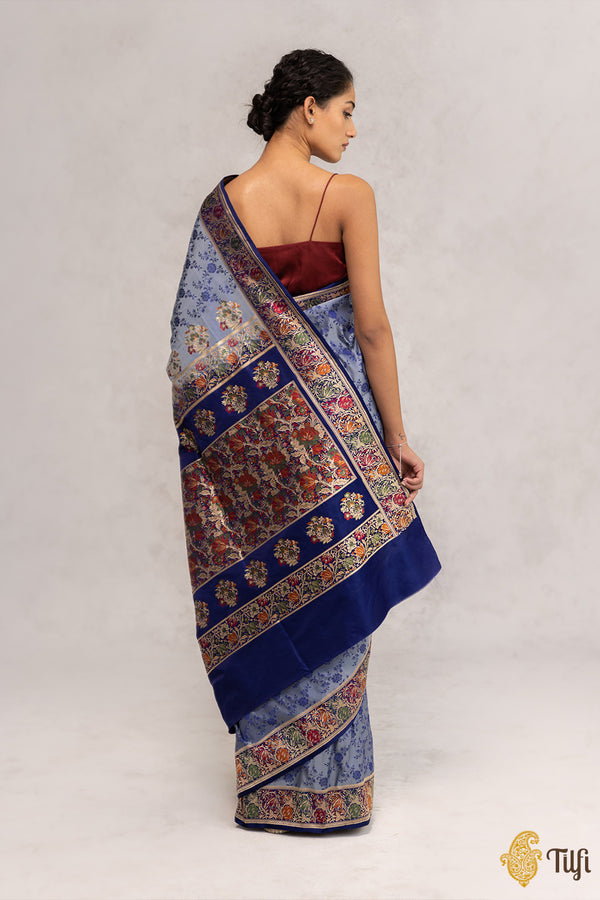 Blue-Grey Pure Soft Satin Silk Banarasi Valkalam Handloom Saree - Tilfi
