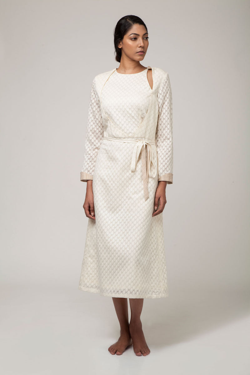 Off-White Banarasi Silk by Cotton Cutwork Dress