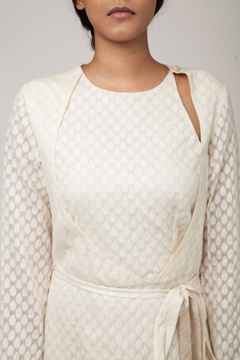 Off-White Banarasi Silk by Cotton Cutwork Dress