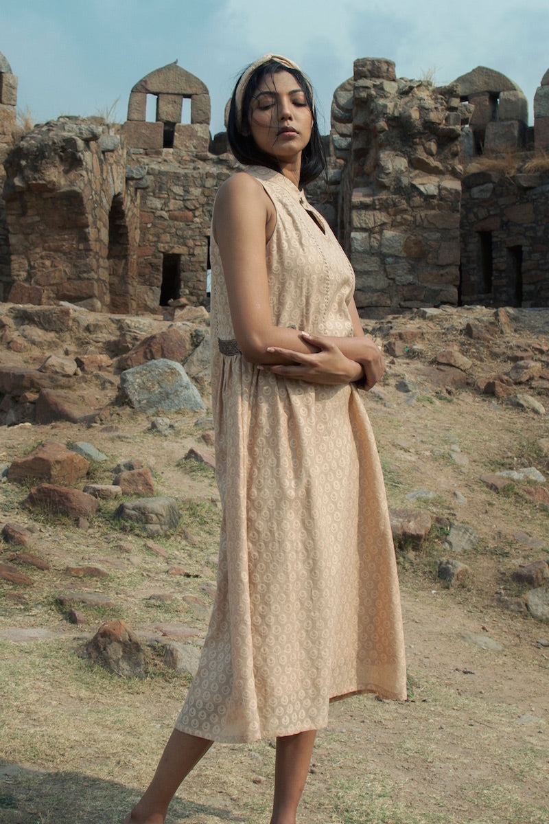 Nude Brown Banarasi Silk by Cotton Cutwork Dress