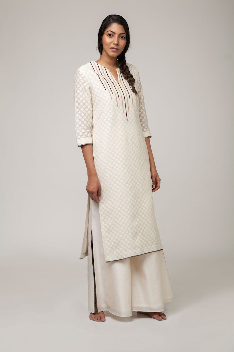 Off-White Banarasi Silk by Cotton Cutwork Kurta