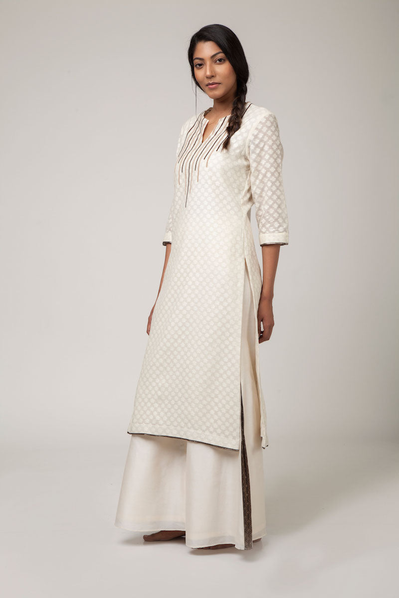 Off-White Banarasi Silk by Cotton Cutwork Kurta