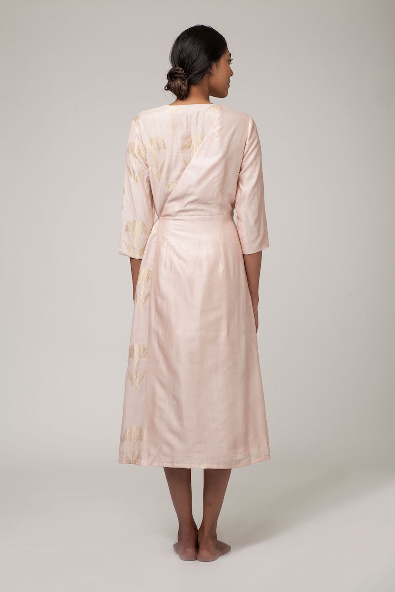 Powder Pink Banarasi Silk Cotton &amp; Monga Silk Wrap-Dress
