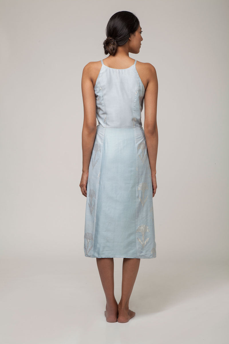 Ice Blue Banarasi Silk Cotton &amp; Monga Silk Tie-Up Dress