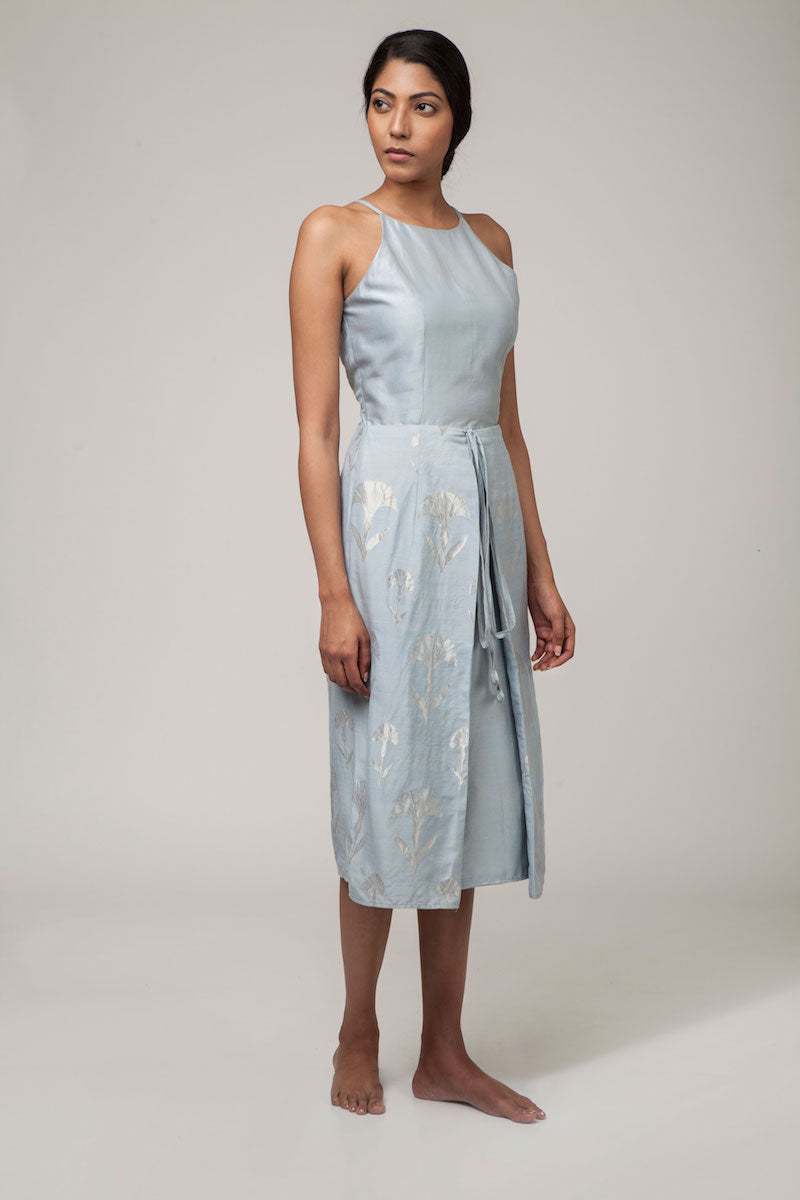 Ice Blue Banarasi Silk Cotton &amp; Monga Silk Tie-Up Dress