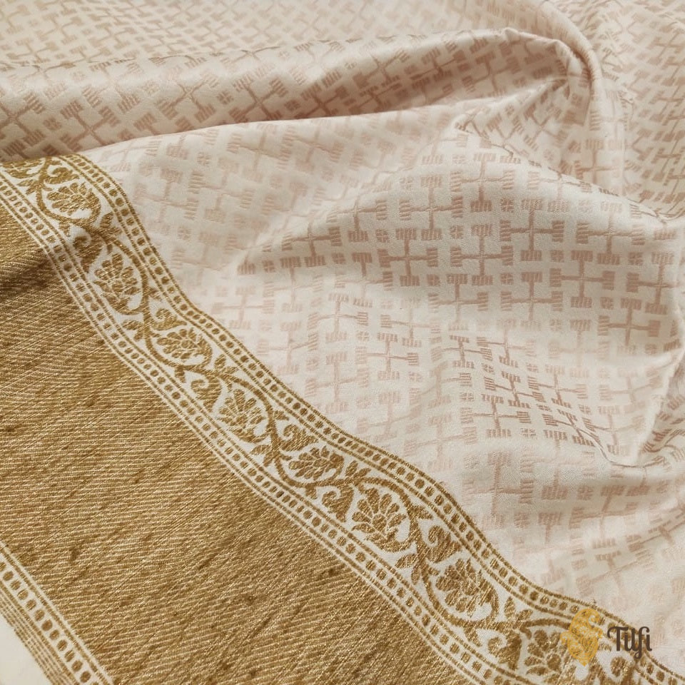 White - Nude Pink Pure Katan Silk Handwoven Banarasi Saree