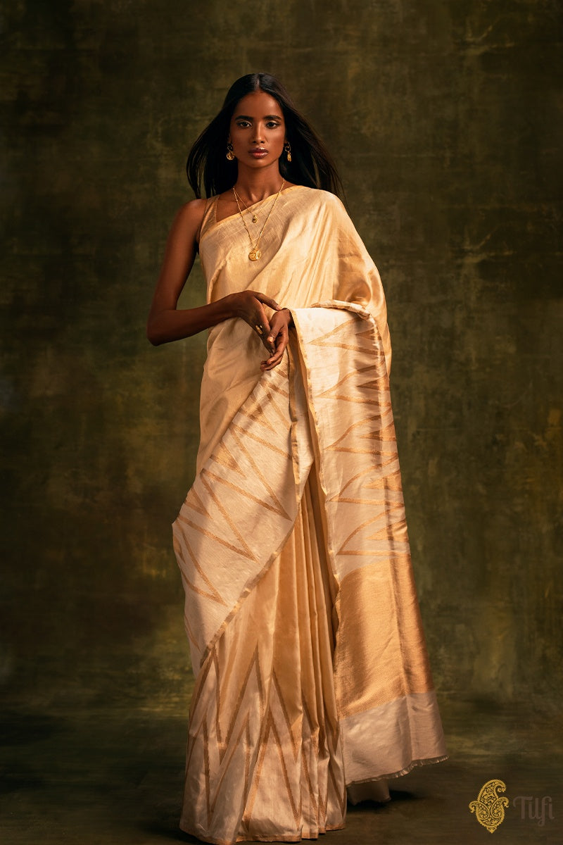 Pre-Order: Gold Pure Ektara Silk Tissue Banarasi Handloom Saree