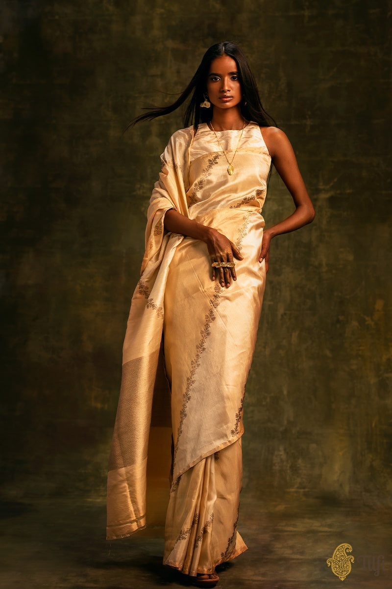 Pre-Order: Beige-Gold Pure Ektara Silk Tissue Banarasi Handloom Saree