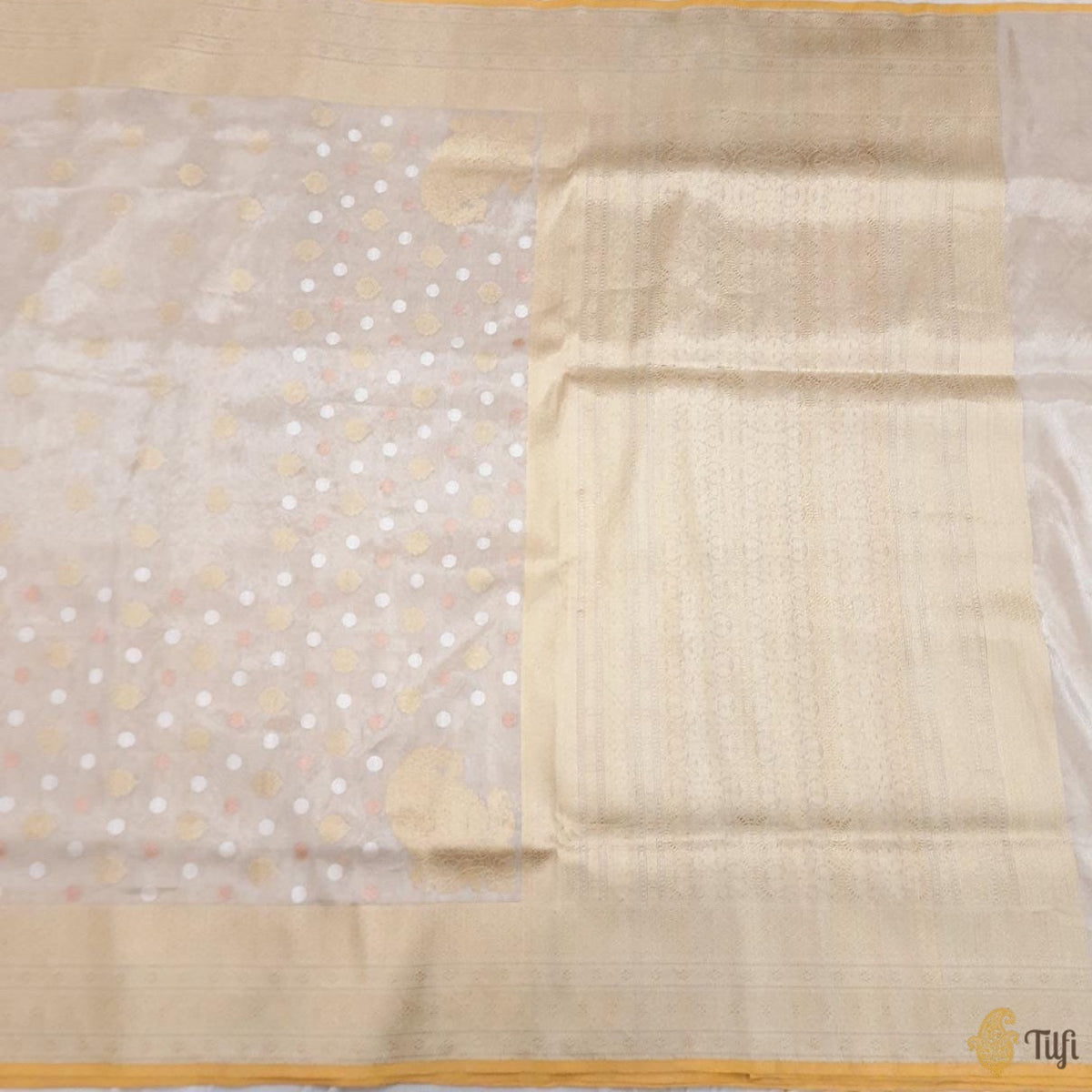Off-White Pure Katan Silk Tissue Banarasi Handloom Saree