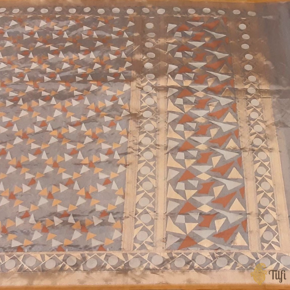 Silver-Taupe Pure Kora Silk Tissue Banarasi Handloom Saree