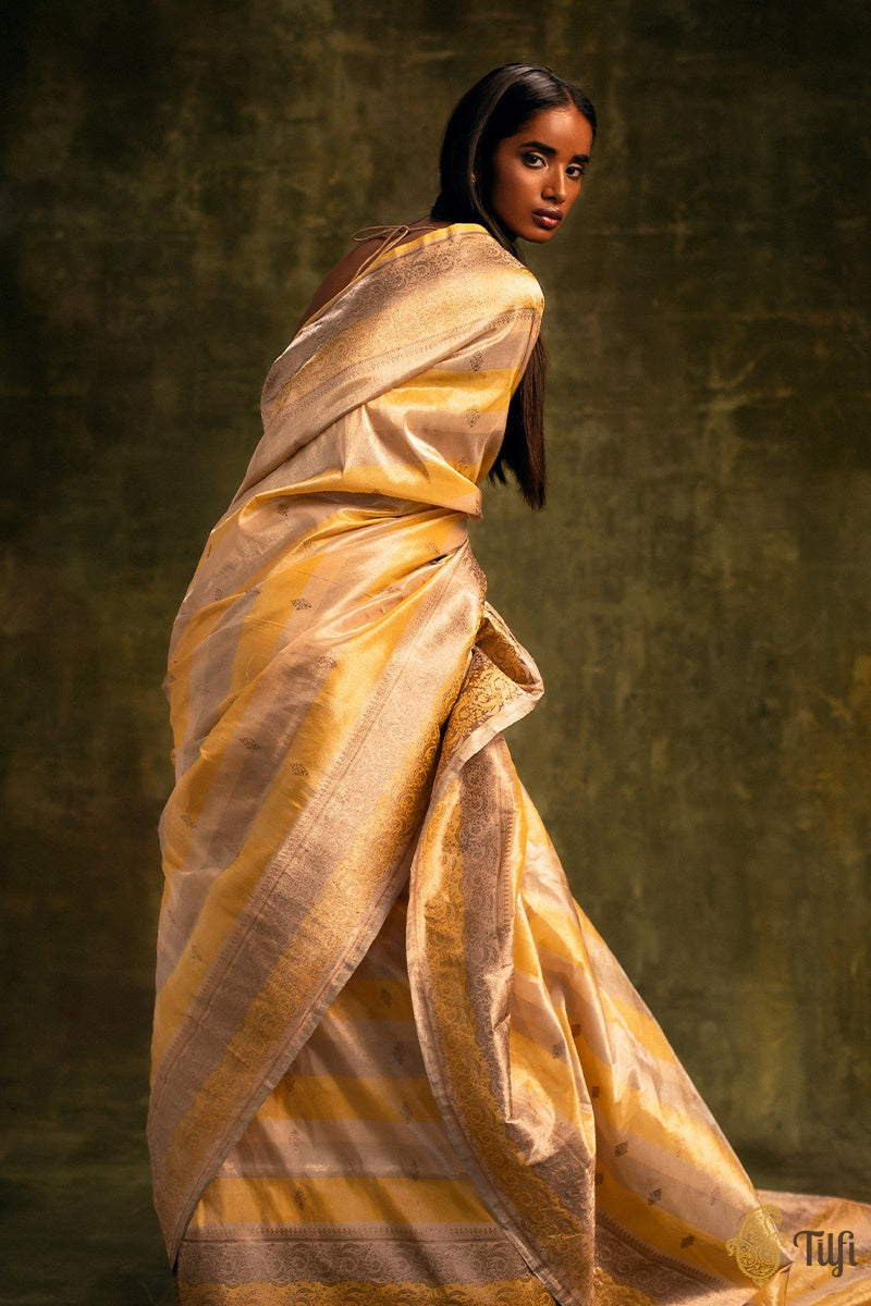 Grey-Yellow Pure Katan Silk Tissue Banarasi Handloom Saree