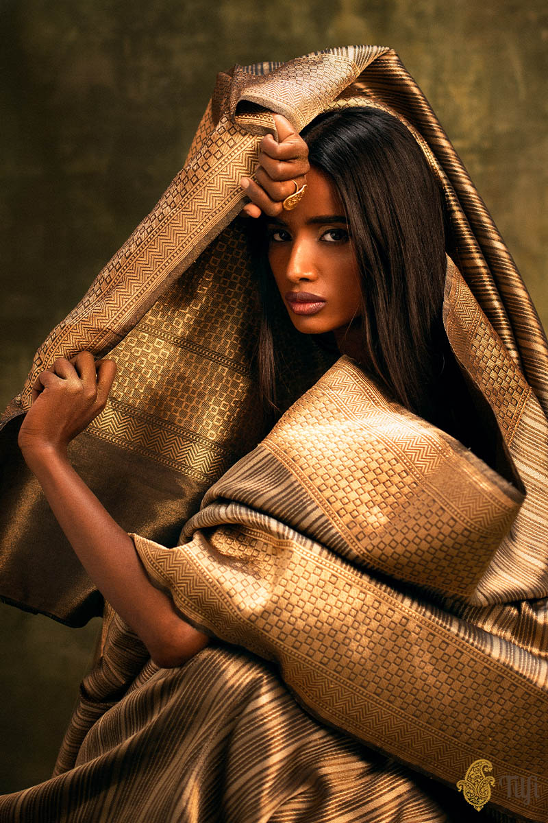 Black-Gold Pure Ektara Silk Tissue Banarasi Handloom Saree