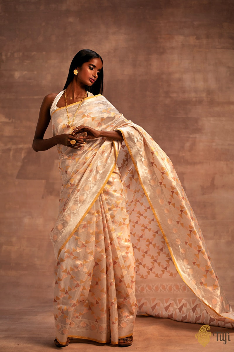 White-Silver Pure Kora Silk Tissue Banarasi Handloom Saree