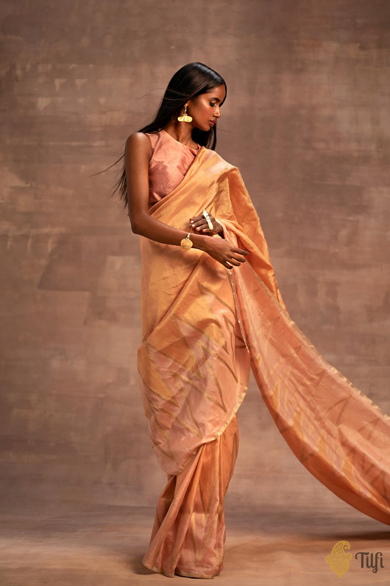 Peach Pure Ektara Silk Tissue Banarasi Handloom Saree