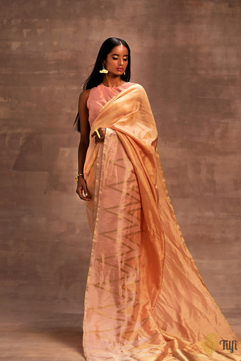 Peach Pure Ektara Silk Tissue Banarasi Handloom Saree