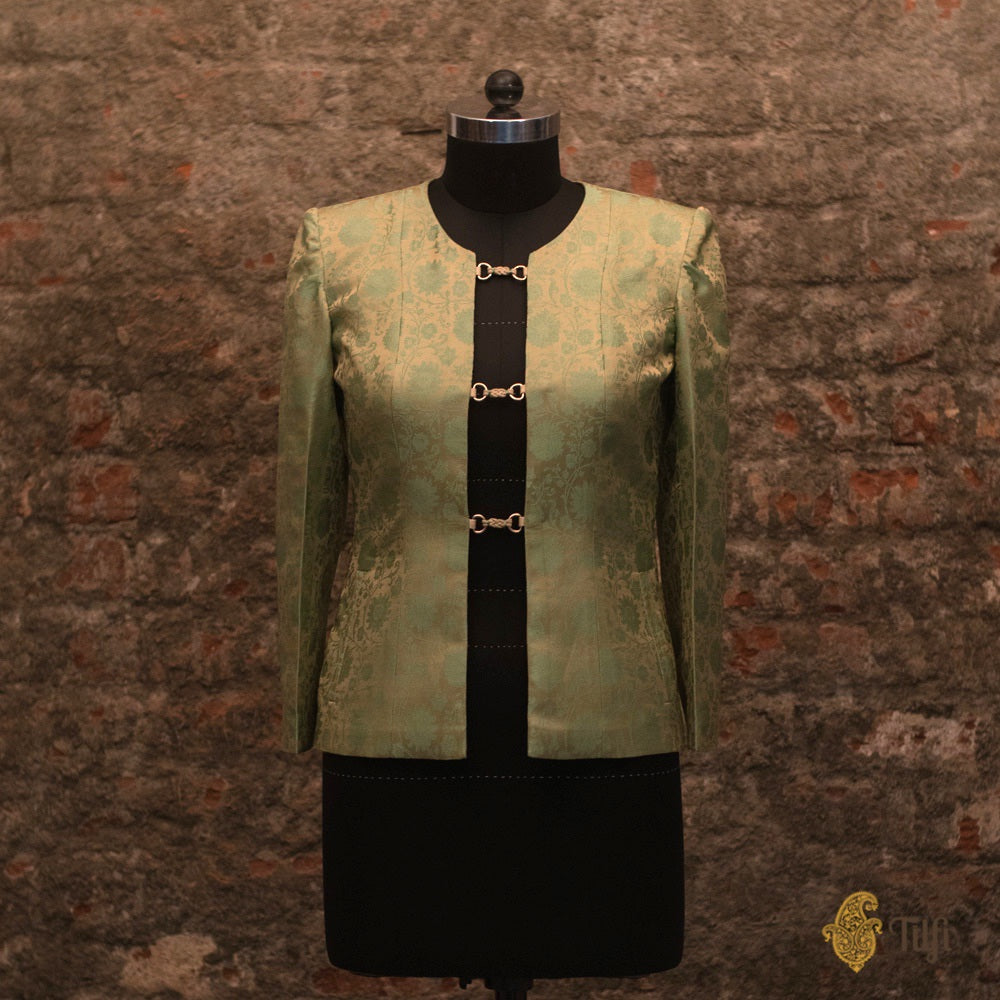 Pista Green Tanchoi Handwoven Banarasi Jacket