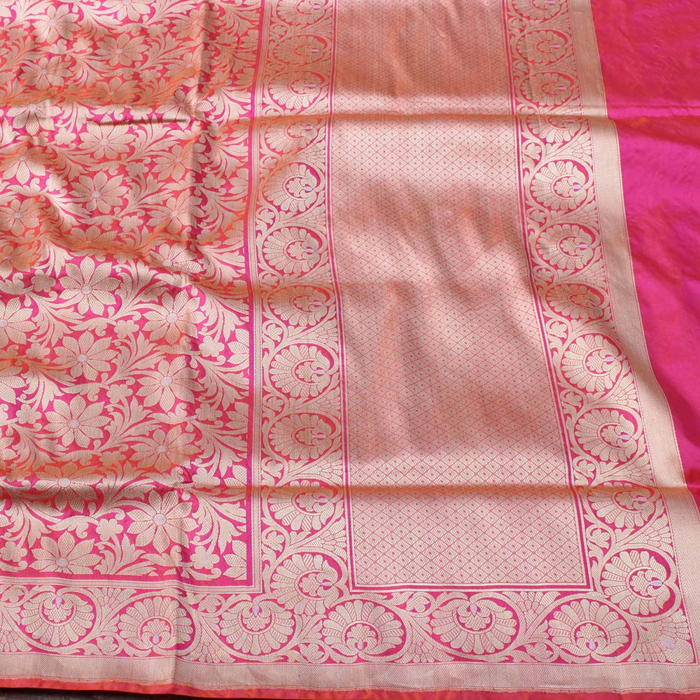 Orange-Rani Pink Pure Katan Silk Banarasi Handloom Saree - Tilfi
