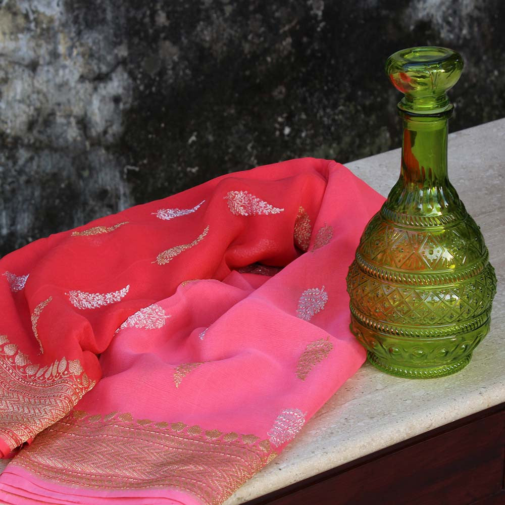 Gulabi Pink Ombre Pure Chiffon Georgette Banarasi Handloom Saree - Tilfi