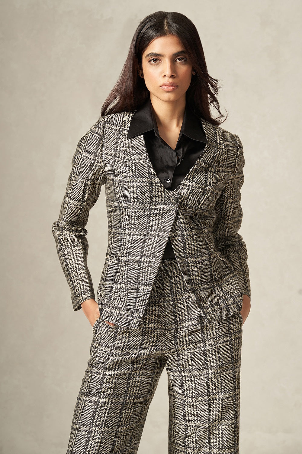 Black and White Pure Katan Silk Handwoven Plaid Patterned Jacket