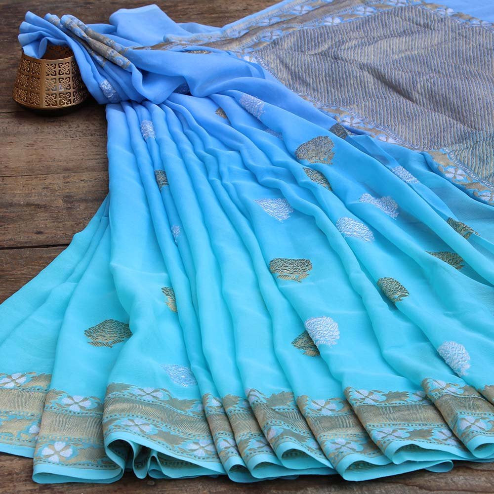 Blue Ombre Pure Chiffon Georgette Banarasi Handloom Saree - Tilfi
