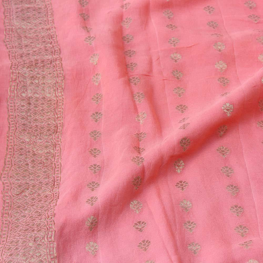 Peach Pink Ombre Pure Chiffon Georgette Banarasi Handloom Saree