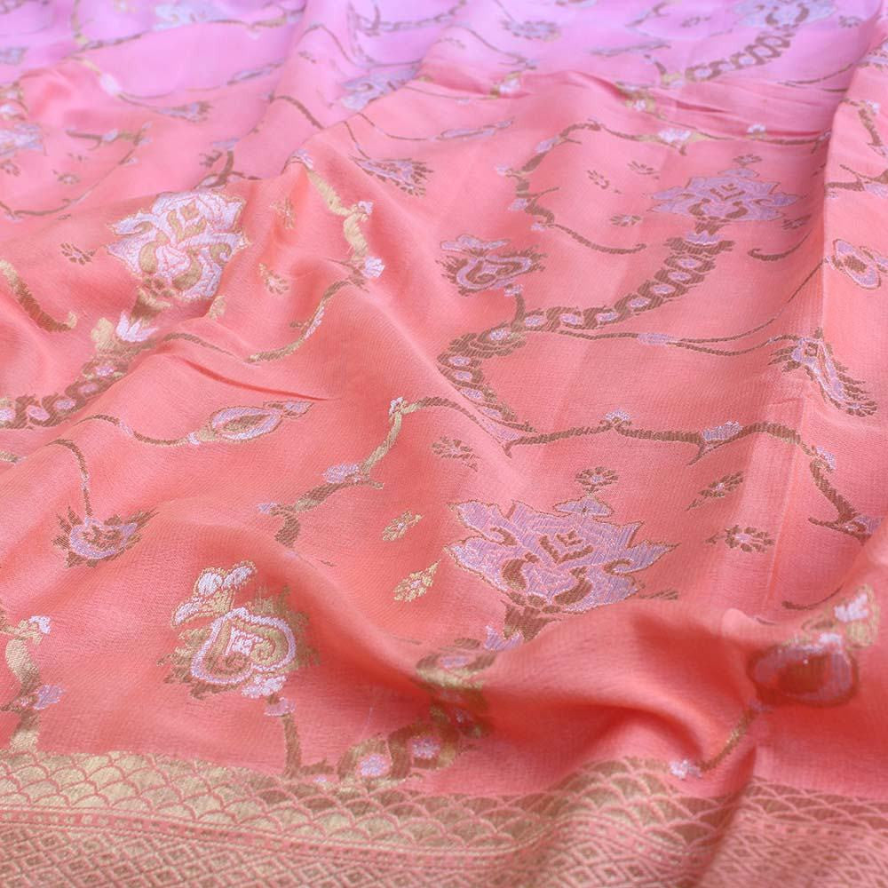 Peach Pink Ombre Pure Chiffon Georgette Banarasi Handloom Saree