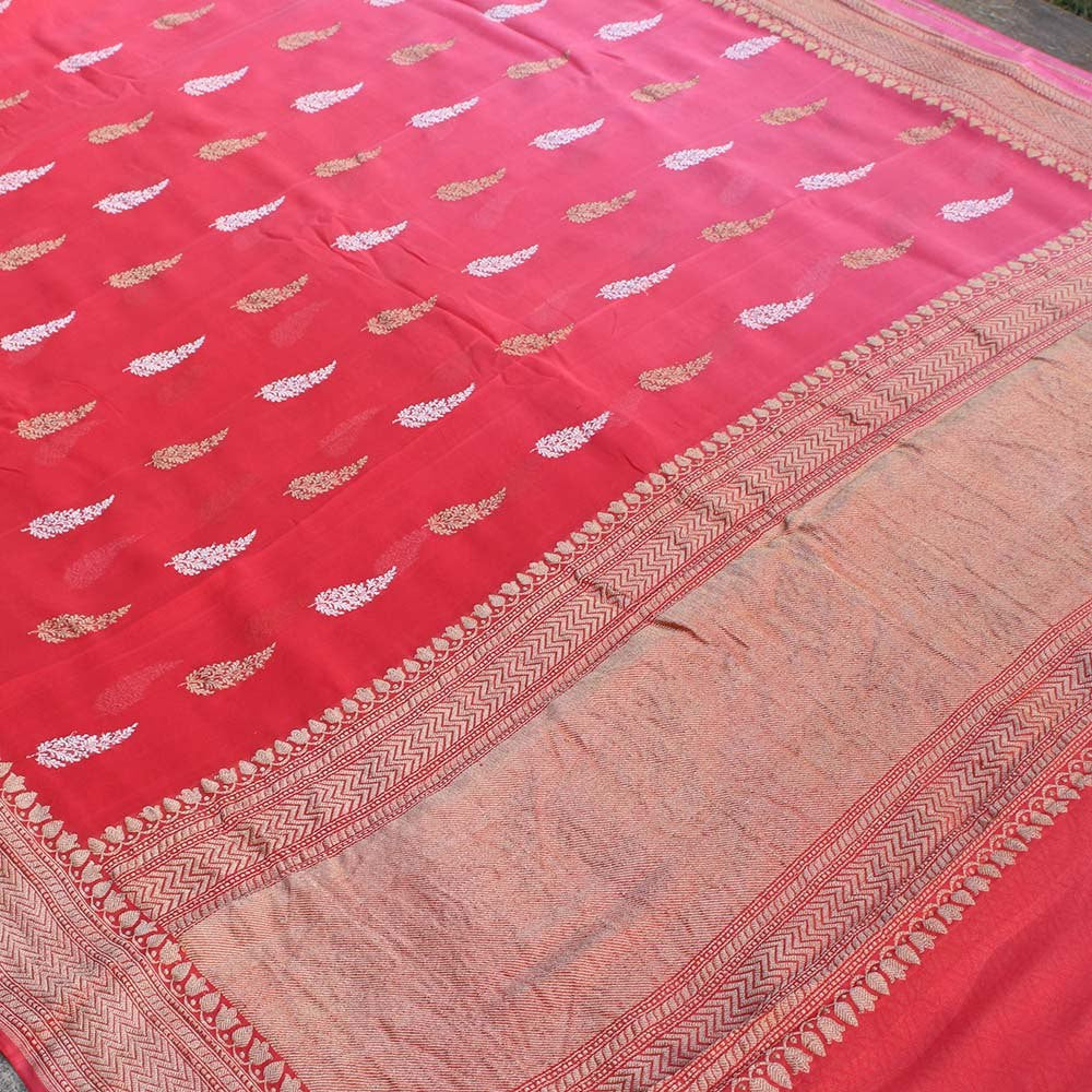 Gulabi Pink Ombre Pure Chiffon Georgette Banarasi Handloom Saree - Tilfi