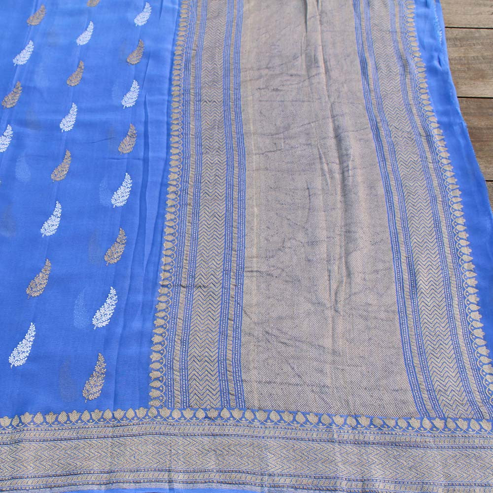 Blue Ombre Pure Chiffon Georgette Banarasi Handloom Saree