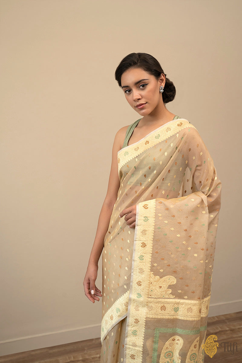 &#39;A Keepsake&#39; Beige Pure Kora Silk Banarasi Handloom Saree