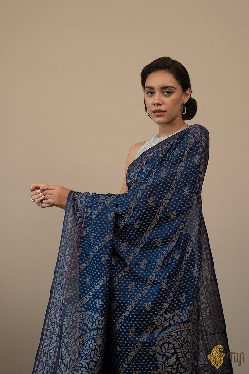 &#39;Mandira&#39; Navy Blue Pure Katan Silk Ektara Real Zari Banarasi Handloom Saree