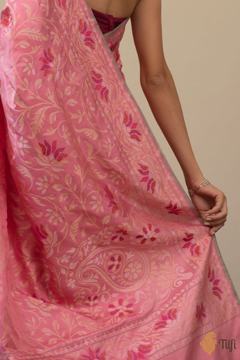 &#39;Devaki&#39; Pink Pure Katan Silk Ektara Real Zari Banarasi Handloom Saree