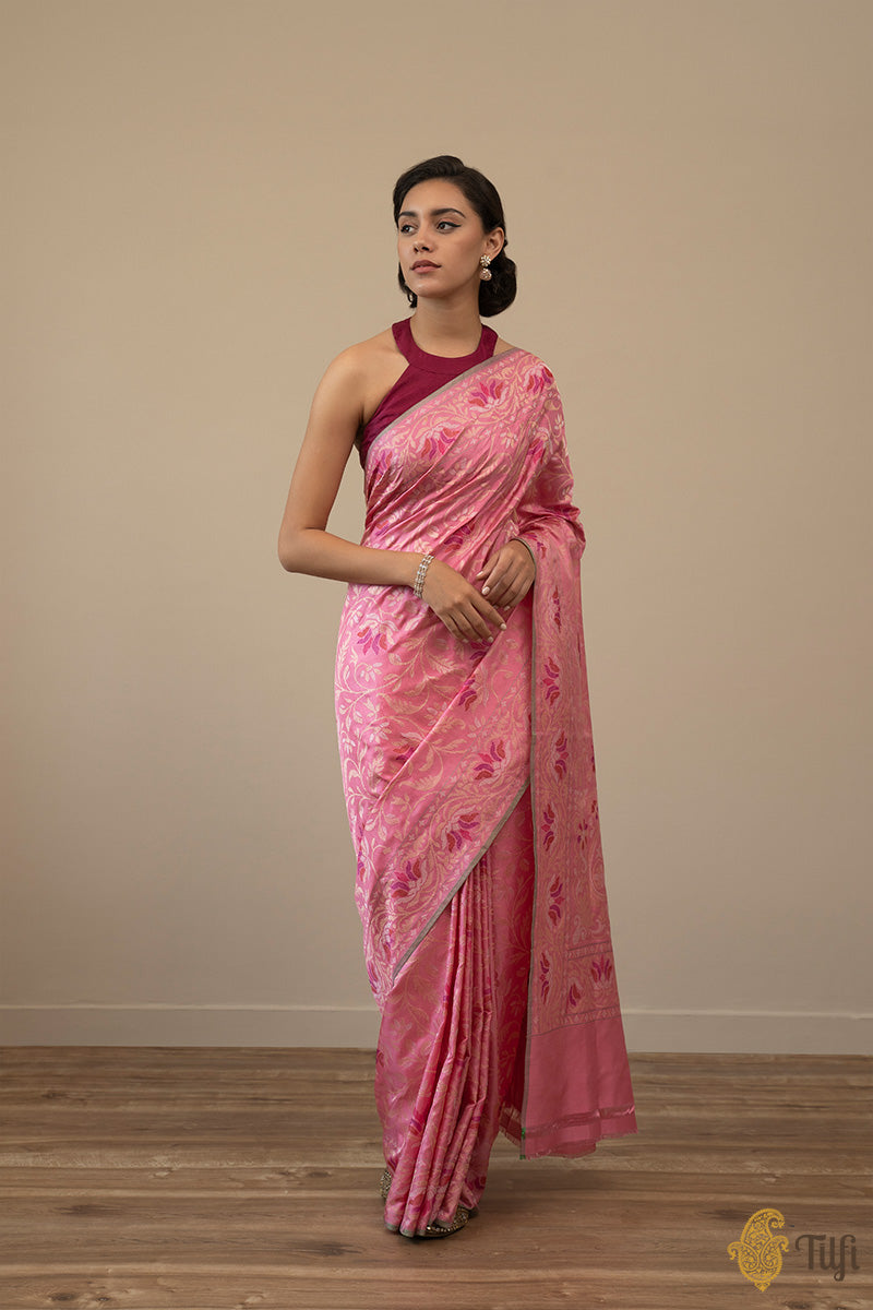 &#39;Devaki&#39; Pink Pure Katan Silk Ektara Real Zari Banarasi Handloom Saree